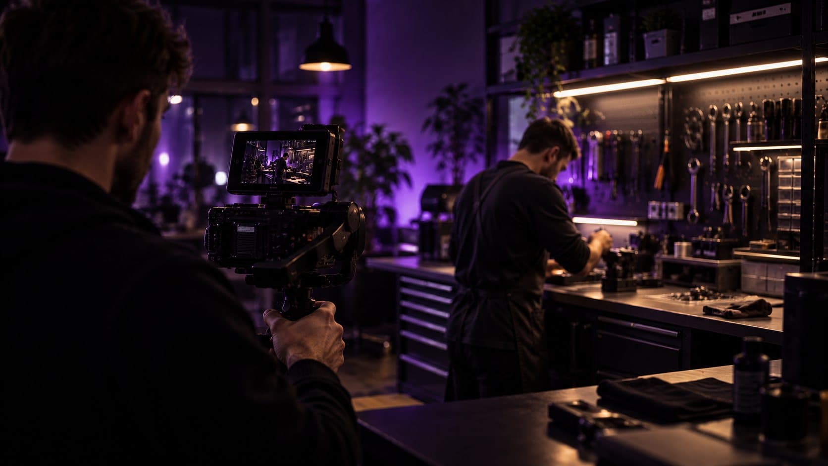 Filmer mit Kamera in einer Werkstatt, im Hintergrund arbeitet ein Mann an der Werkbank, violettes Umgebungslicht.