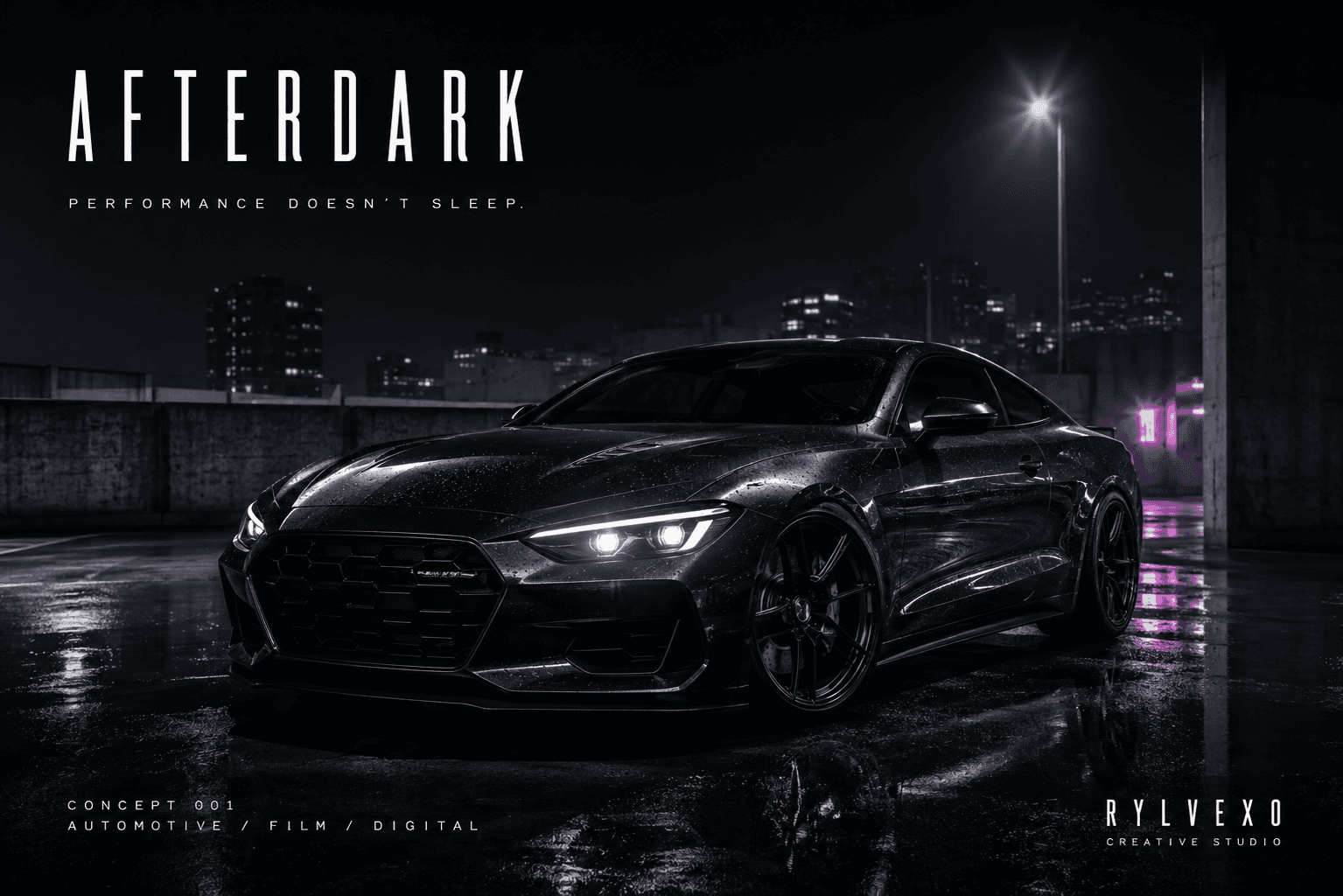 AFTERDARK Kampagnen-Keyvisual (alternative Version): Fahrzeug bei Nacht mit Titel, Tagline und Concept-Kennzeichnung im Bild.