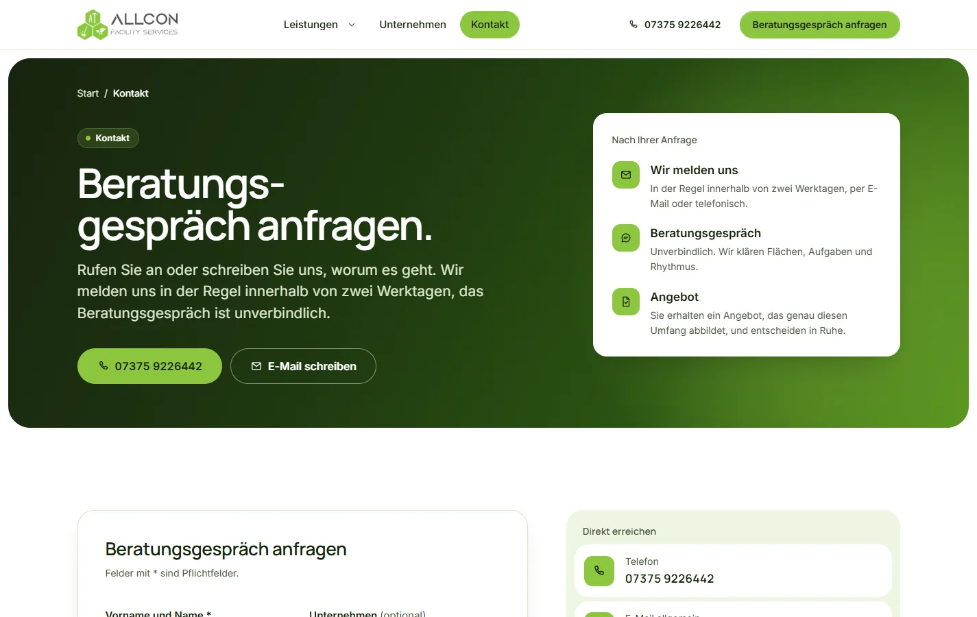 Kontaktseite am Desktop: „Beratungsgespräch anfragen“, rechts drei Schritte „Nach Ihrer Anfrage“.