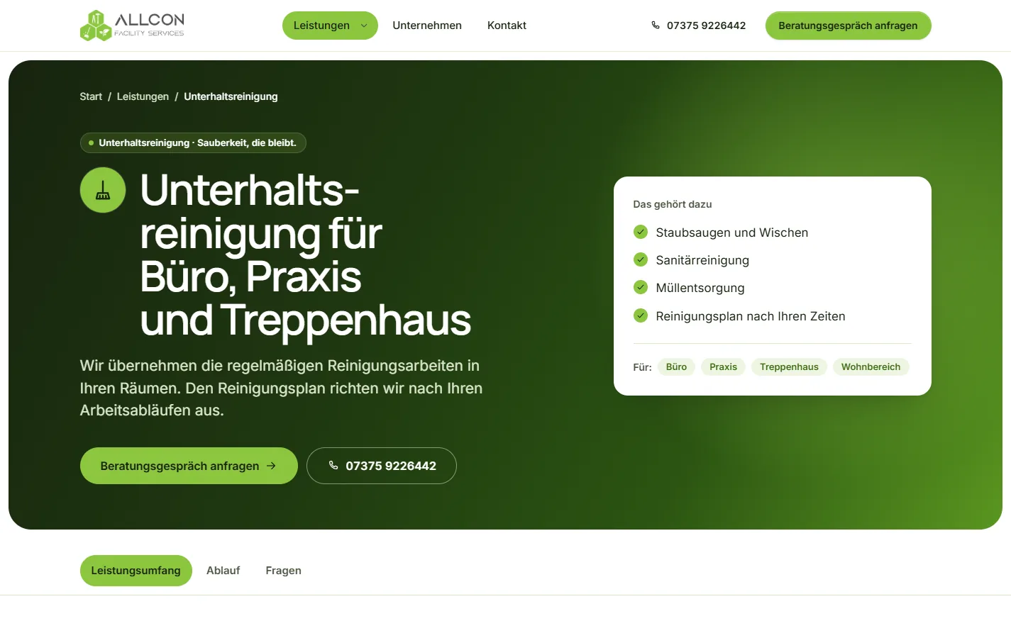 Leistungsseite „Unterhaltsreinigung“ am Desktop: Überschrift mit Icon, rechts eine Karte „Das gehört dazu“.