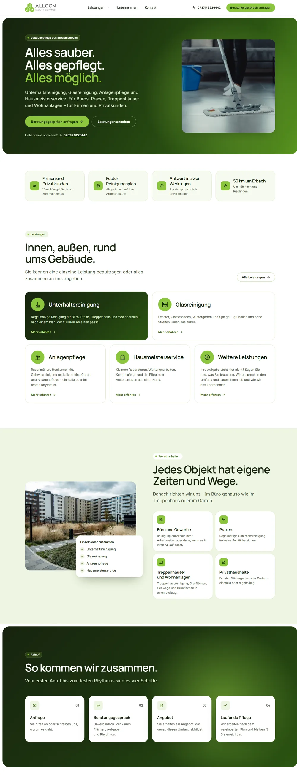 Startseite weiter unten: Leistungen mit gezeichneten Icons, Objektarten, Ablauf in vier Schritten auf dunkelgrünem Band.