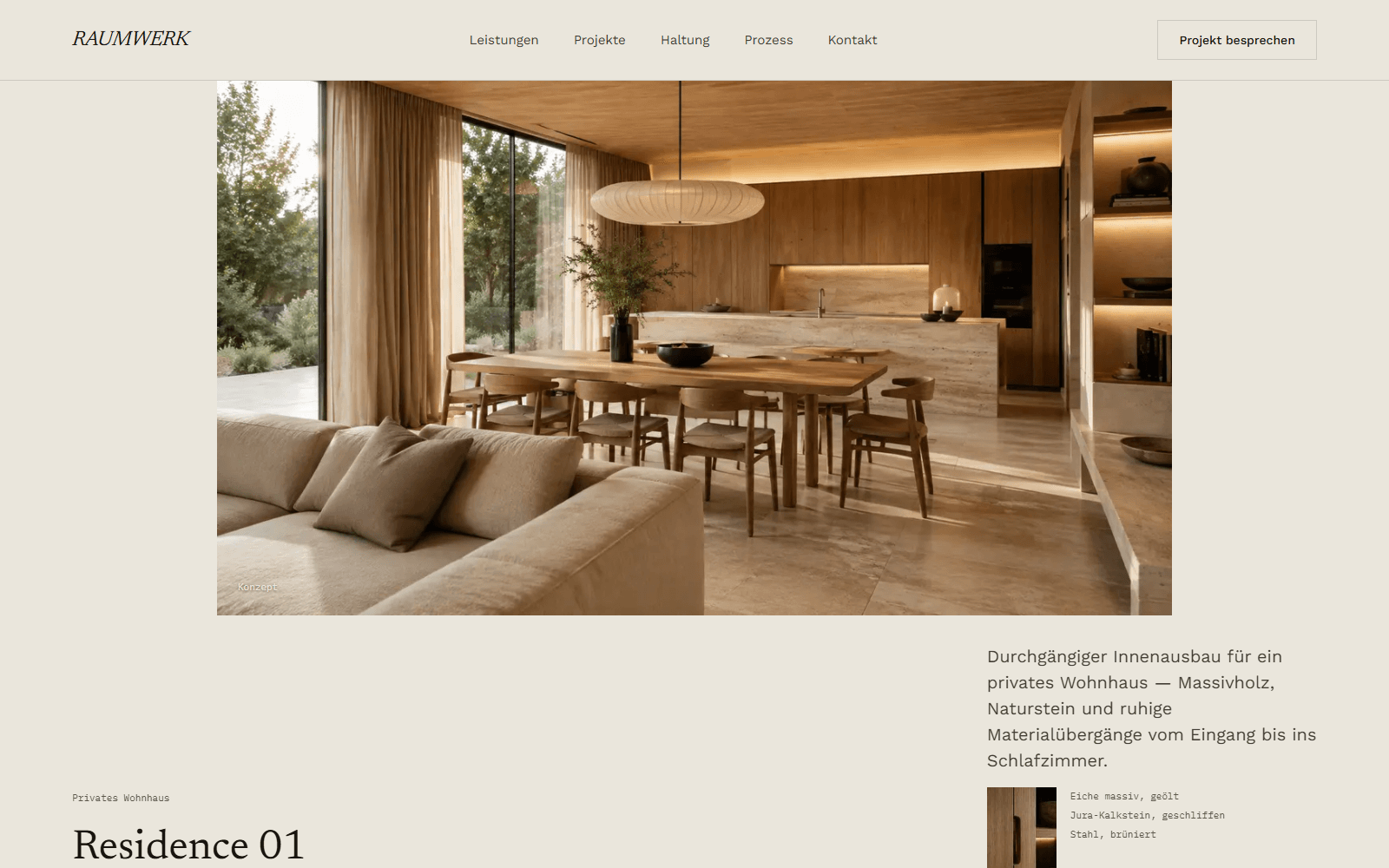 RAUMWERK Projektseite Residence 01: großformatige Wohnraum-Aufnahme mit Materialschedule und Detailfoto.