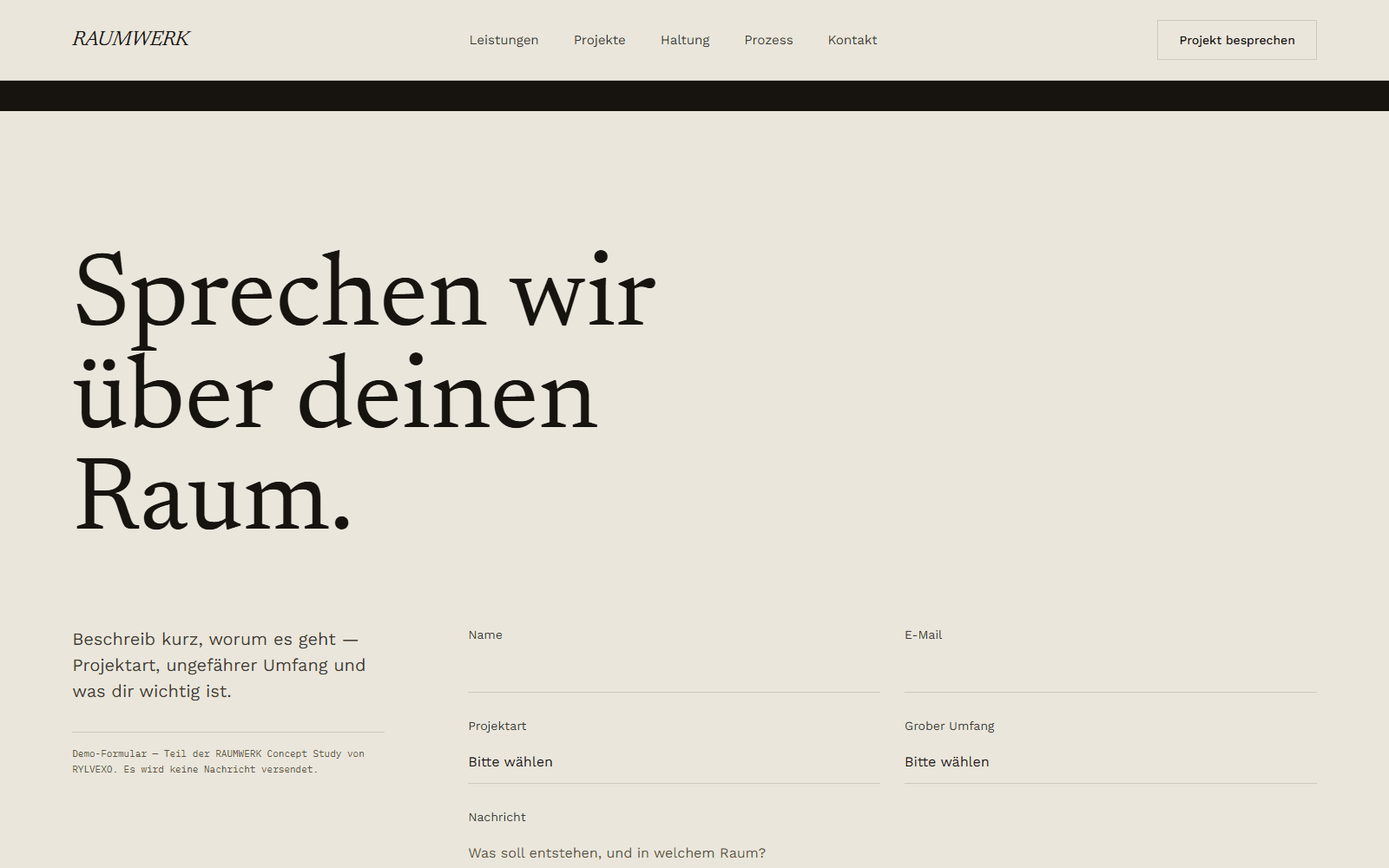 RAUMWERK Kontaktformular mit Feldern für Name, E-Mail, Projektart, Umfang und Nachricht.