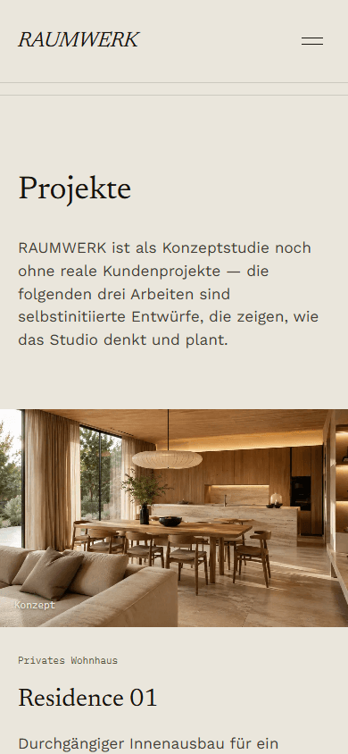 RAUMWERK Projekte-Sektion auf einem 390px breiten Mobilgerät mit Beginn von Residence 01.