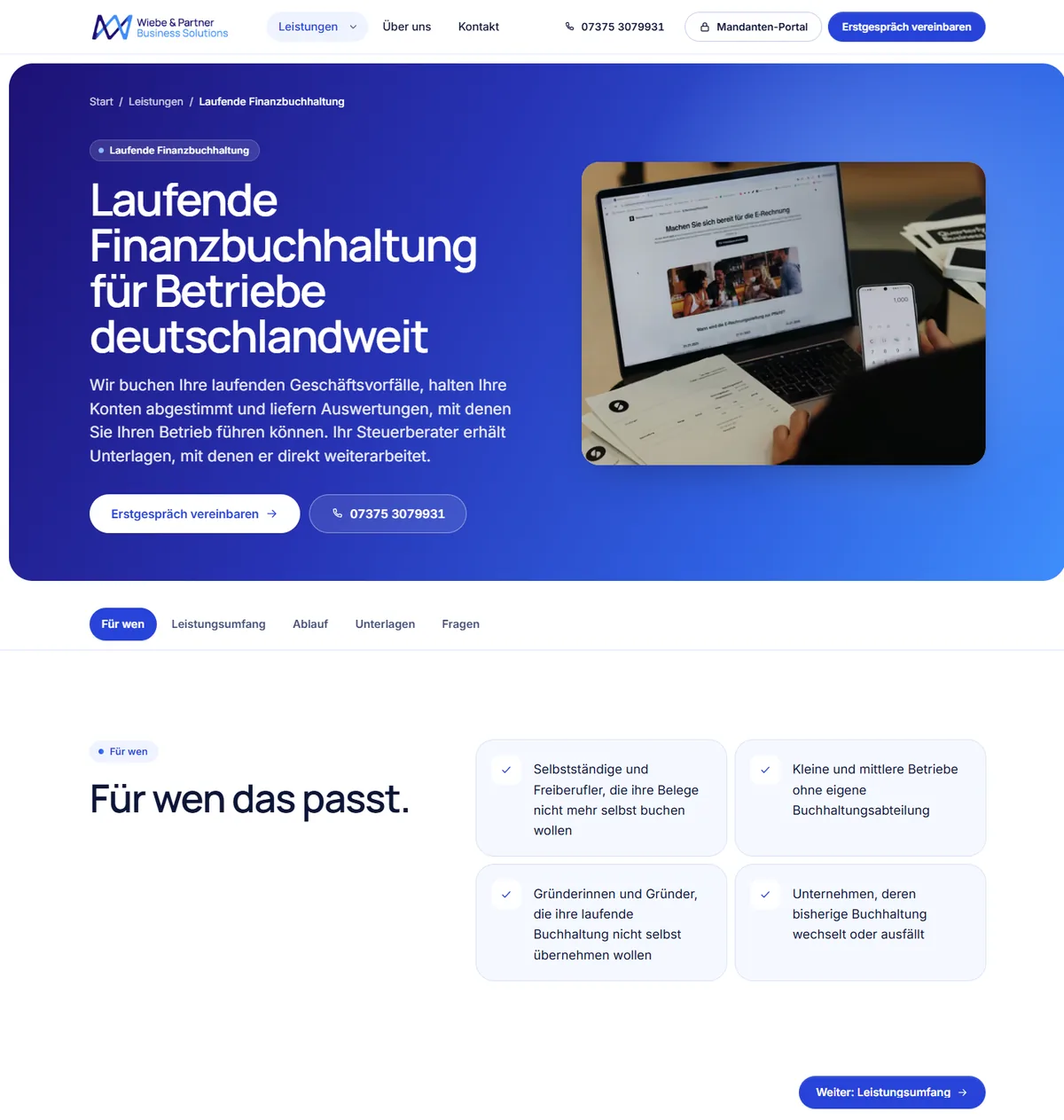 Seite „Laufende Finanzbuchhaltung“ weiter unten: Reiter für Für wen, Leistungsumfang, Ablauf, Unterlagen und Fragen, darunter vier Situationen „Für wen das passt“.